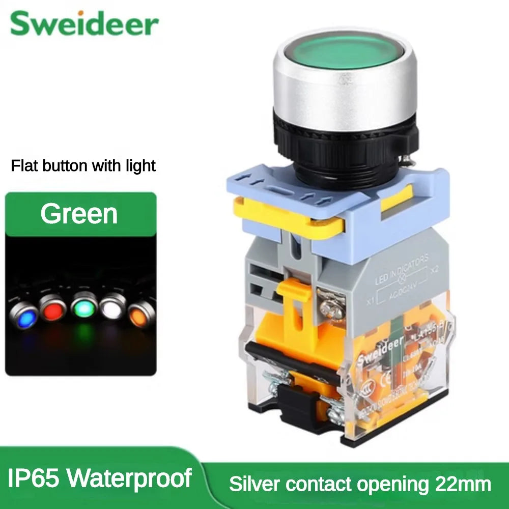 Waterproof Push Button Switch with LED 22mm Momentary Reset Self Locking Power Button Switch with Light 12V 24V 220V 10A 2NO 2NC