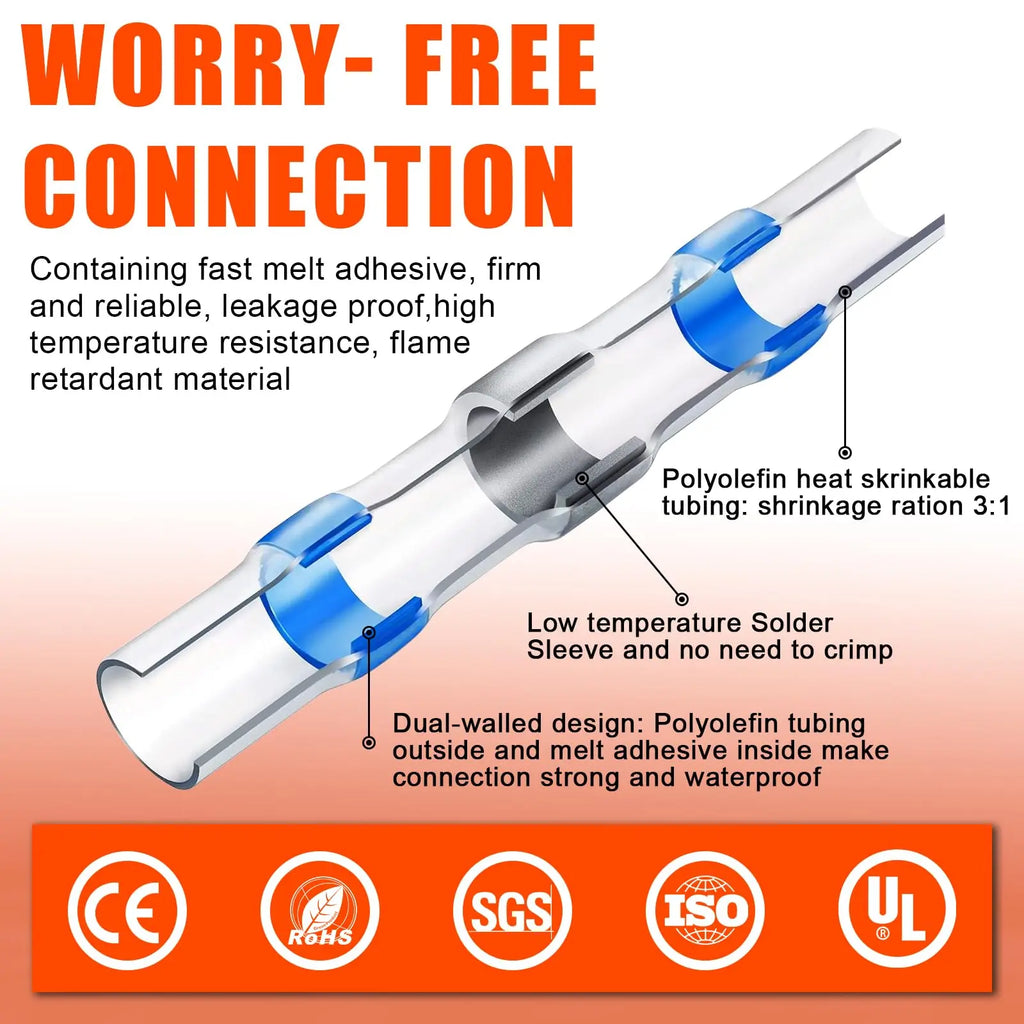 Blue Heat Shrink Solder Seal Wire Connectors Kit Waterproof Butt Connector Heat Shrink Electrical Terminals or Marine Automotive