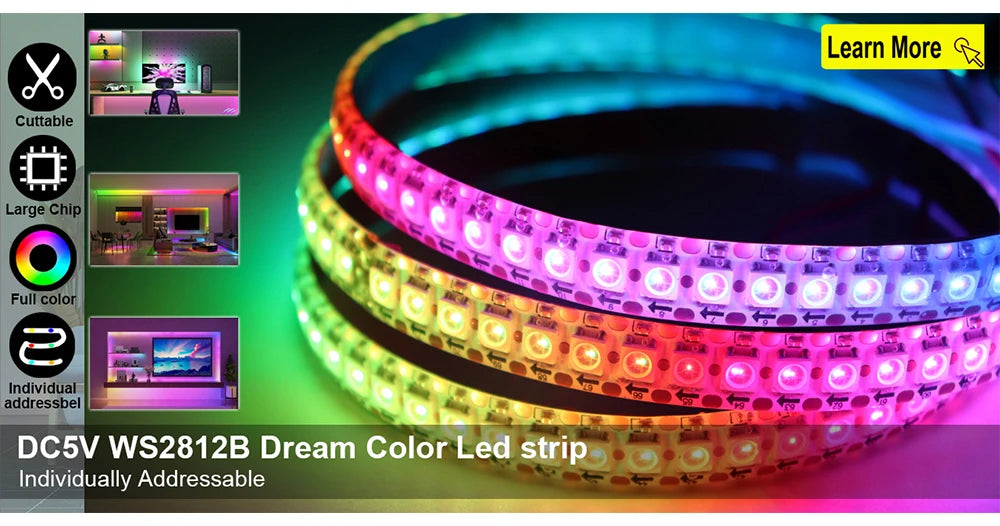 SK6812 RGBW (Similar WS2812B) Led Strip Light 4 in 1 30/60/144Leds/Pixels/m Individual Addressable Led Tape IP30/IP65/IP67 DC5V