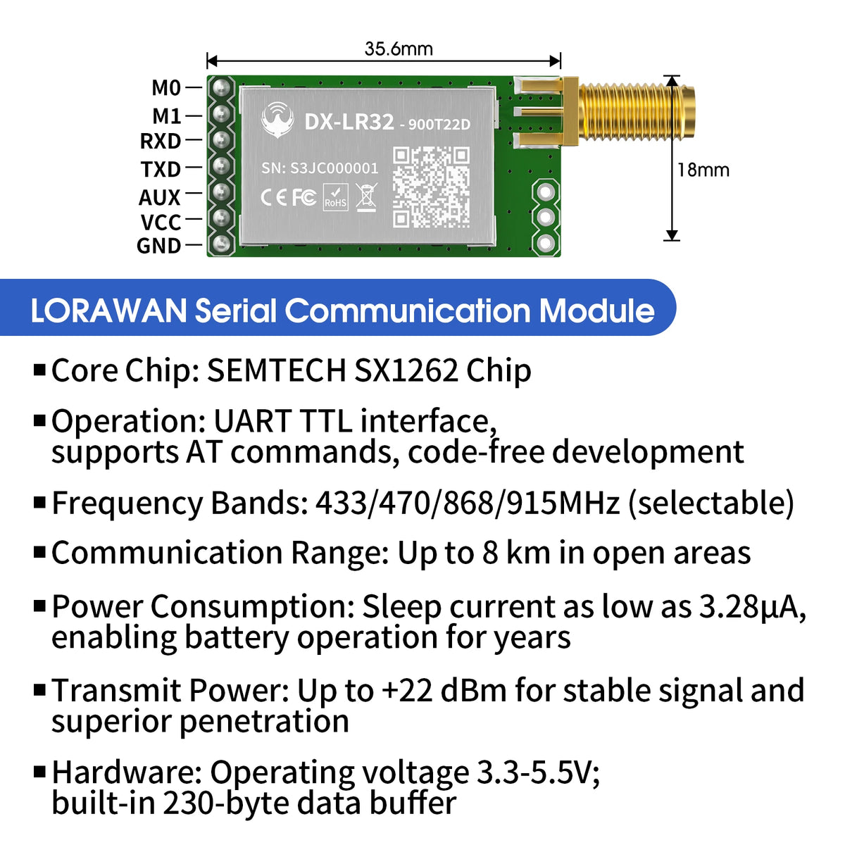 DX-LR32 SX1262 LoRa UART Module AT Command 5KM Range 432-533/850-949MHz No Programming Needed CE FCC Arduino