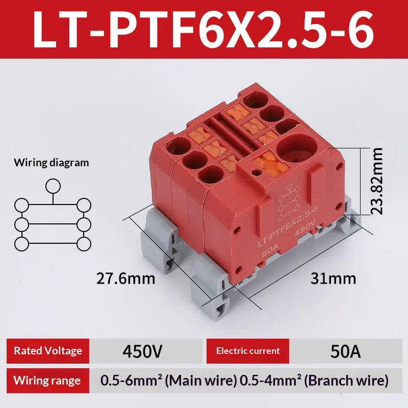 Push-in Terminal Block PTF6X2.5mm One in Multiple Out Splitter Spliceable Wire Connectors DIN Rail Junction Box Electrical Joint