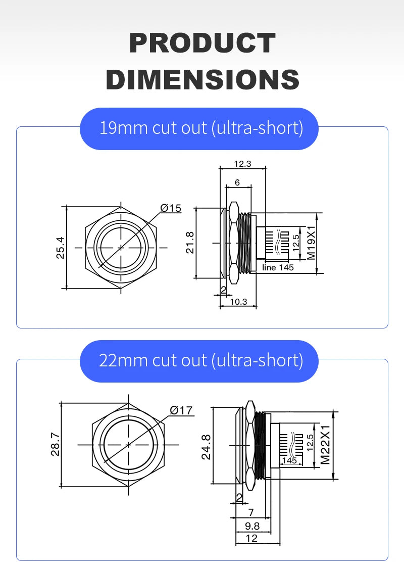 Ultra Short Push Button Switch Waterproof 19/22/25/30mm 12v 220v led light Momentary Self-reset Wiring Buttons without fixation
