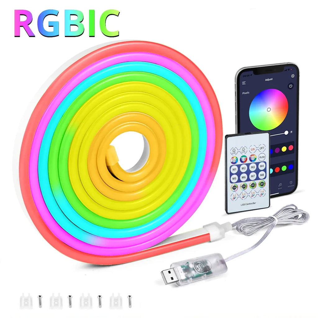 RGB LED Neon Rope Lights Bluetooth App WS2812 RGBIC Waterproof Flexible LED Tape With Dimmable Remote Controller For Wall Decor