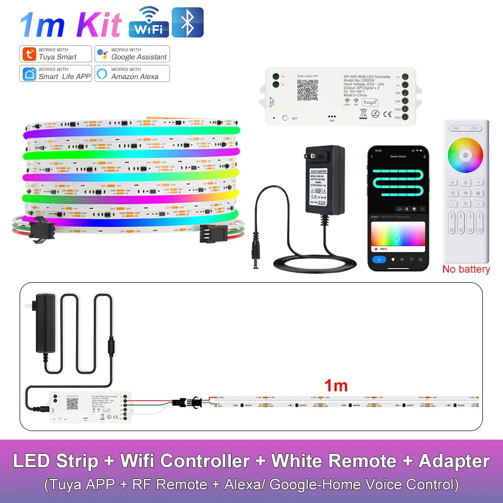 RGB-IC COB LED Strip with Tuya Wifi Controller 2.4G Remote Alexa Google Home Rainbow Color Addressable LED Tape 10m 20m 25m Kit