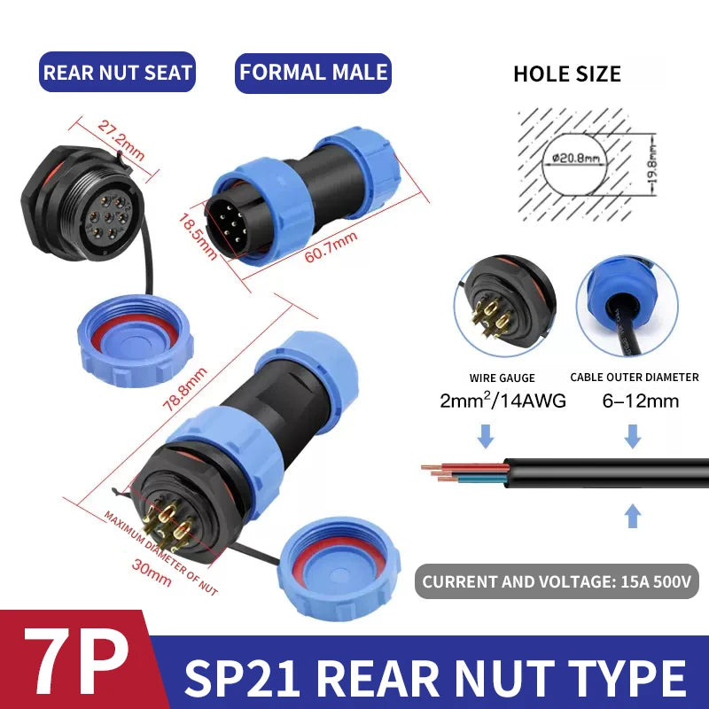 T&I IP68 waterproof aviation plug socket circular rear nut connector 2 3 4 5 7 9 12 pin SP21 butt connector