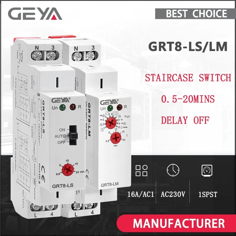 GEYA GRT8-LS/LM Din Rail Staircase Switch Lighting Timer Switch 230VAC 16A 0.5-20mins Delay off Relay Light Switch