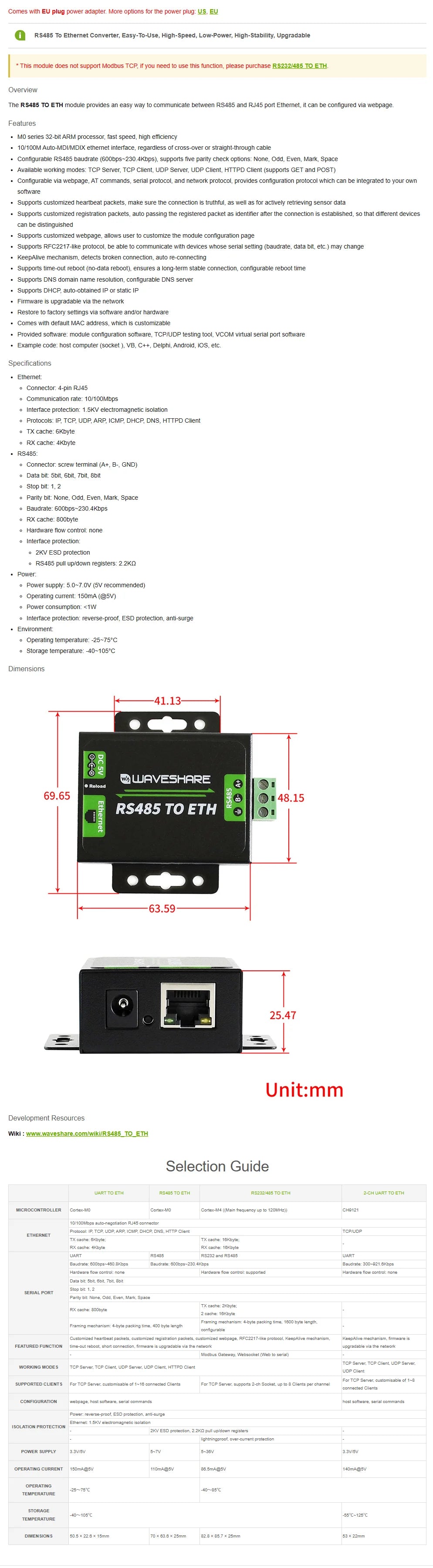 Waveshare RS485 to Ethernet Converter, Upgradable Cortex-M0 Processor, RS485 and RJ45 Port