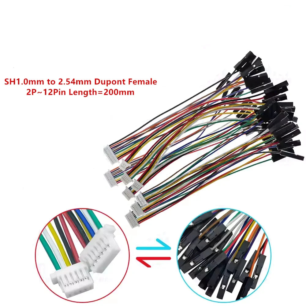 SH1.0mm/JST1.25/ZH1.5/PH2.0/HY2.0/XH2.54mm 2P/3P/4P/5P/6P/7P/8P/9P/10P/12Pin To 2.54mm Dupont Female Wire Connector Color Cable