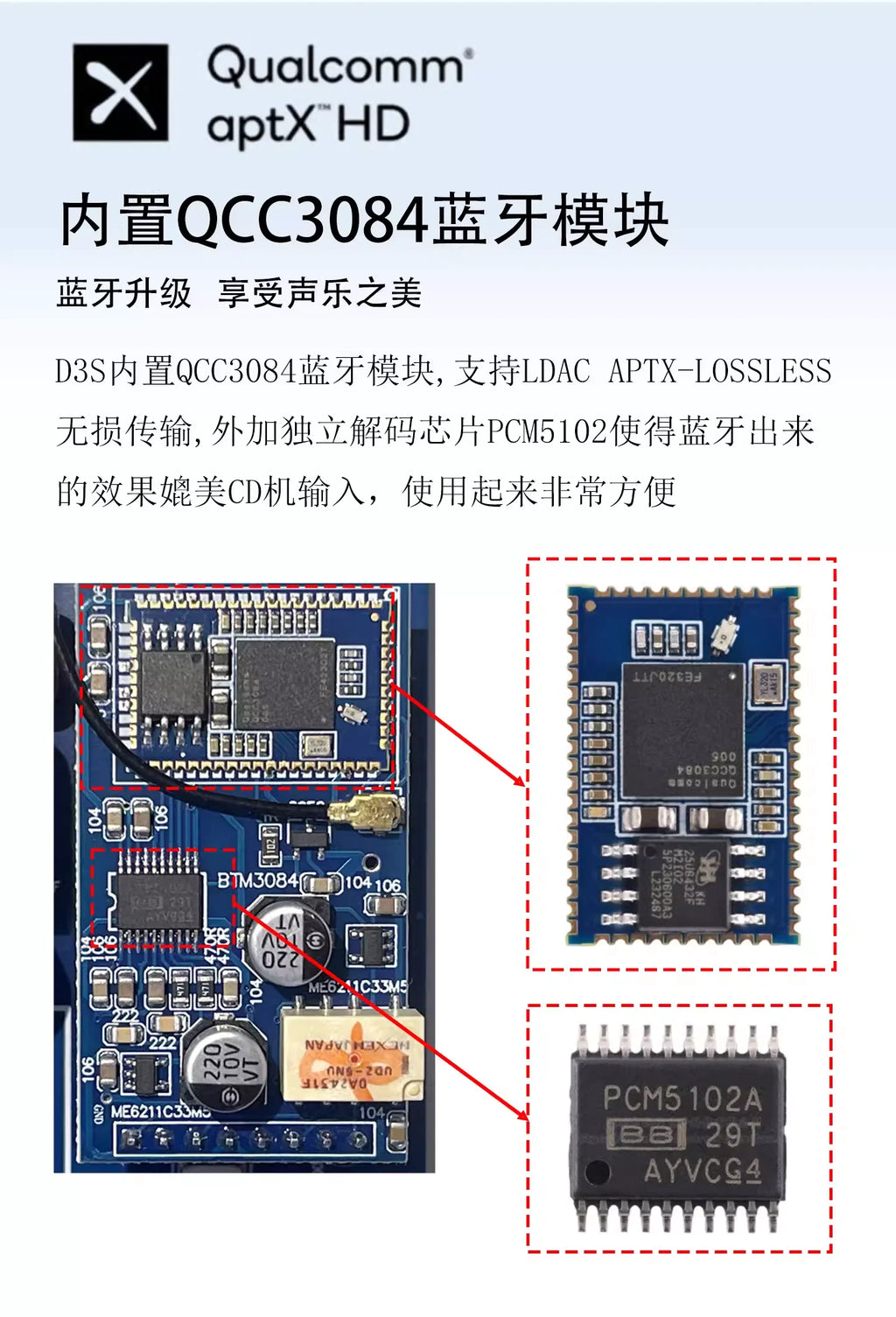 D3S dual-core TPA3255 high-power 2.1 digital HIFI amplifier with QCC3034 Bluetooth 5.4 decoding and LDAC support