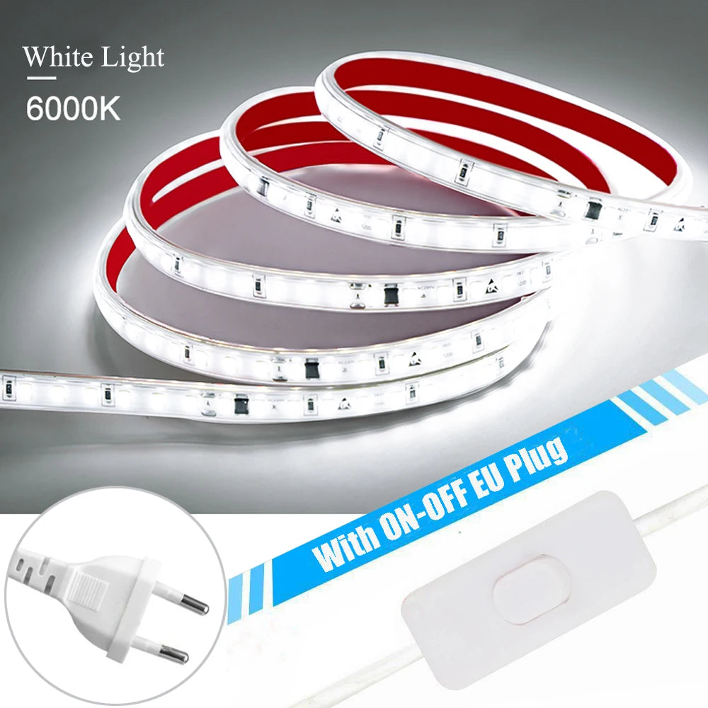 120LED/m LED Strip Light 220v Flexible&10cm Cuttable Soft Lamp Bar 2835 Tape Adhesive EU Plug Vanity Cabinet Wardrobe Home Decor