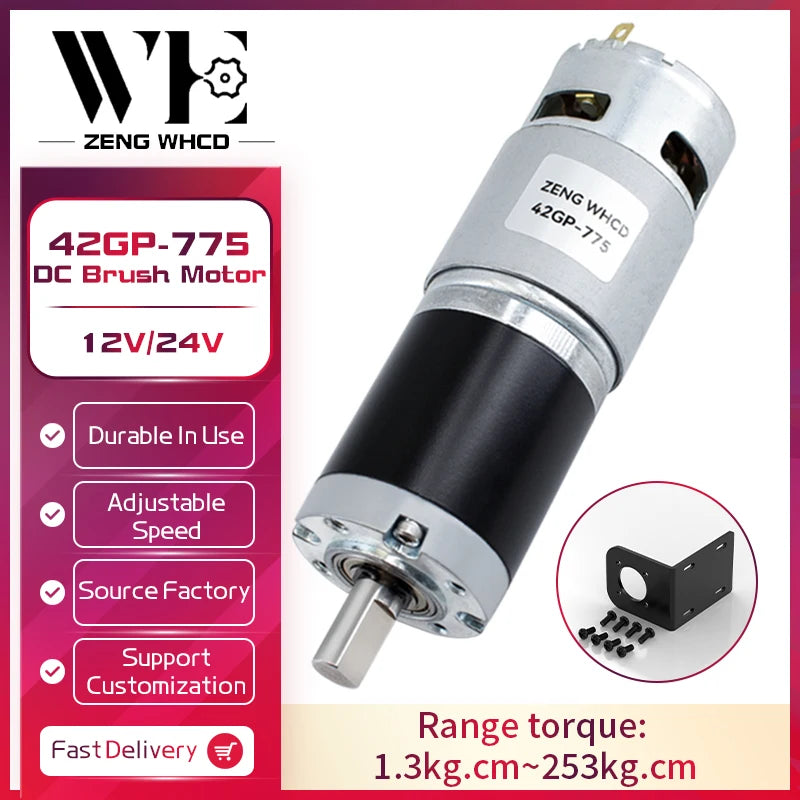 Planetary Reduction Motor 42GP-775 High Torque 12V/24V Can Rotate Forward and Reverse 8PRM~1600PRM, Maximum Torque 253KG.CM