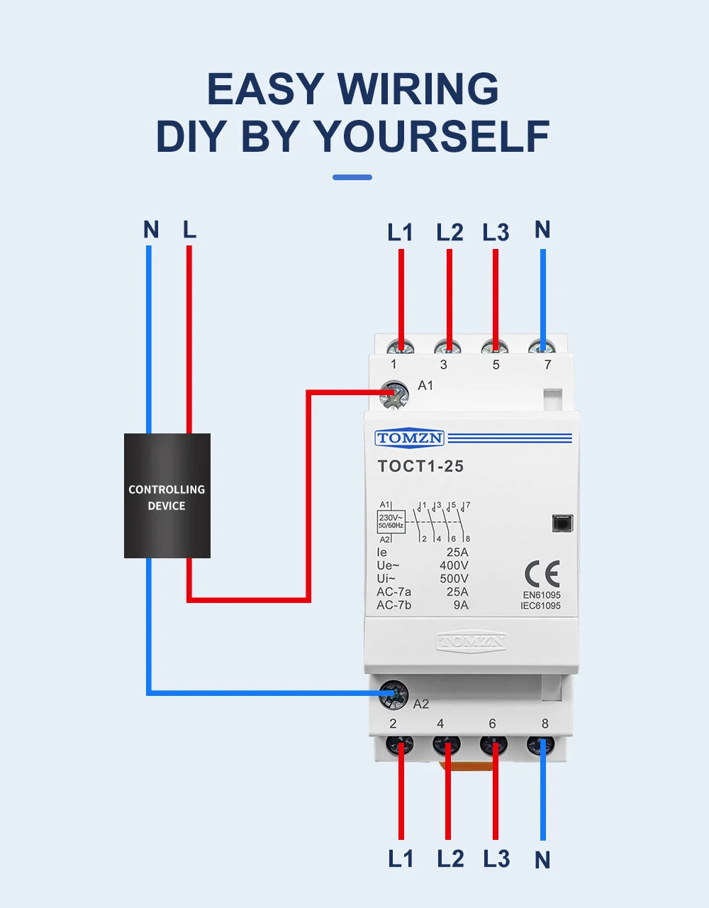 TOMZN TOCT1 4P 25A 4NO 4NC 2NC2NO 220V/230V 50/60Hz Din Rail Household AC Modular Contactor