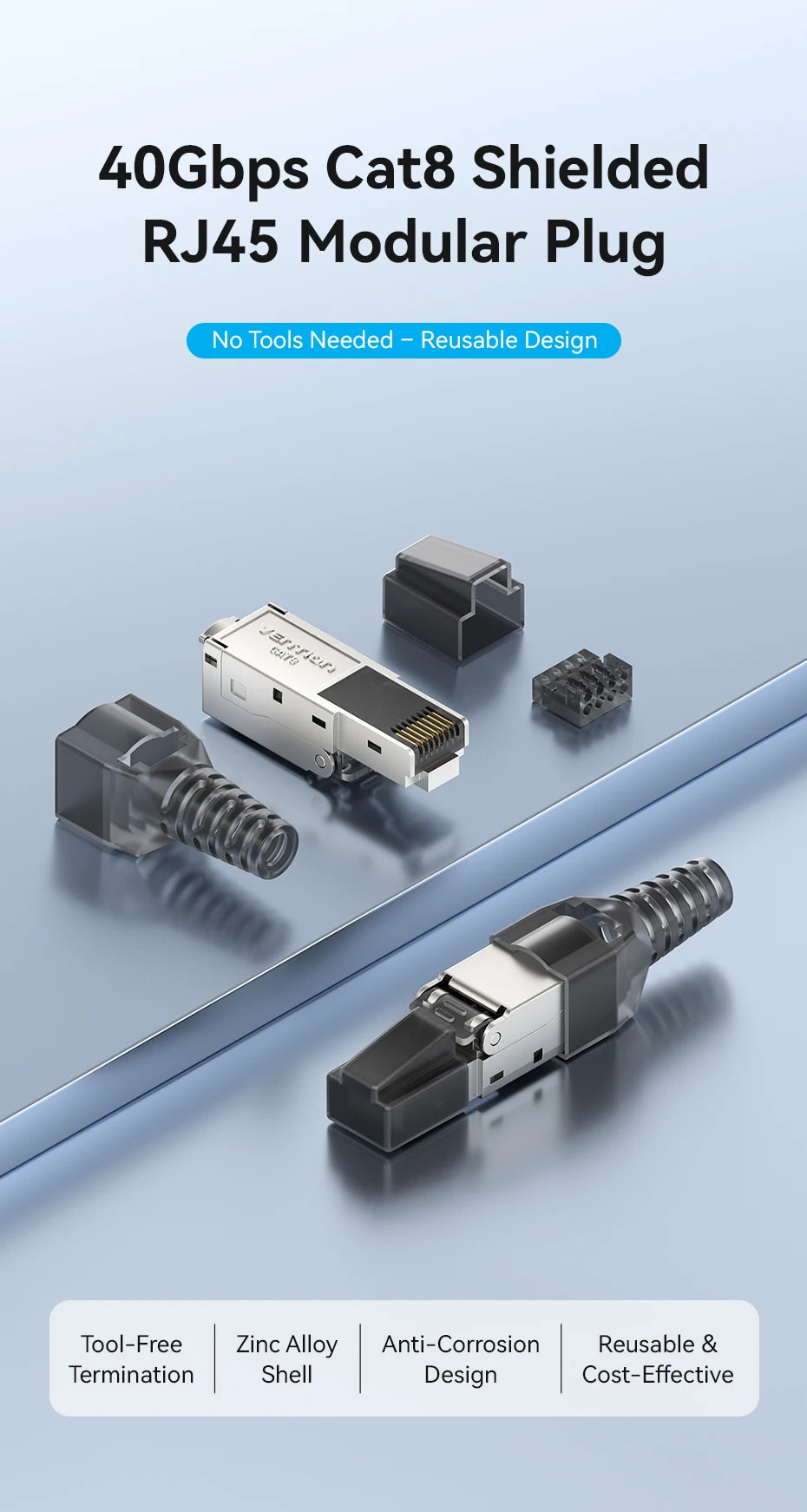 Vention NEW RJ45 Cat8 Cat7 Cat6A Connectors RJ45 Metal Tool Free Easy Termination Plug 2000MHz 40G LAN Cable Reusable Shielded