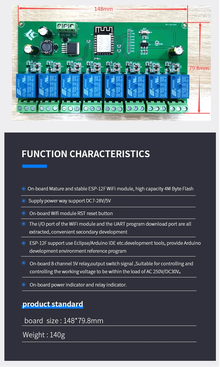ESP8266 / ESP32 WIFI 8 Channel Relay Module Esp-12F / ESP32 Development Board DC 5V / 7-28V
