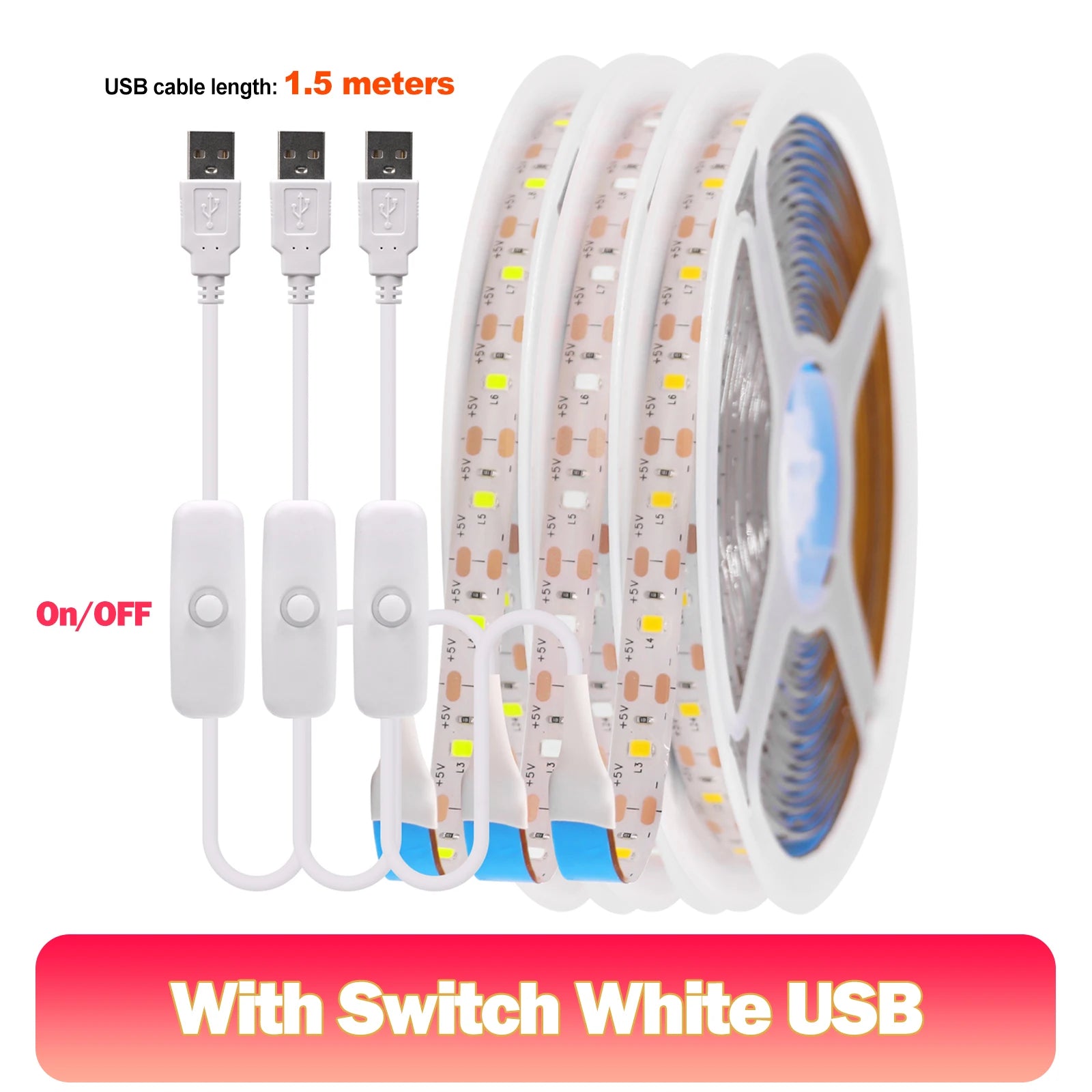 5V LED Strip Light USB Dimmer/Switch White Warm Blue Waterproof Adhesive Tape 2835 60LEDs Cabinet Room Night Lighting 1M 3M 5M