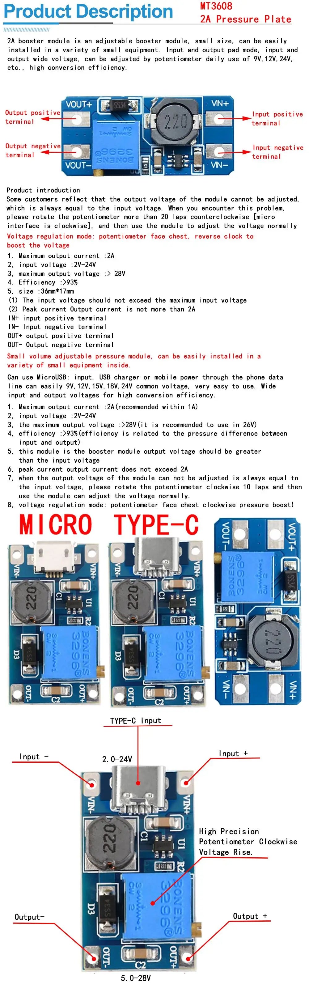 5PCS MT3608 DC-DC Step Up Converter Booster Power Supply Module Boost Step-up Board MAX output 28V 2A