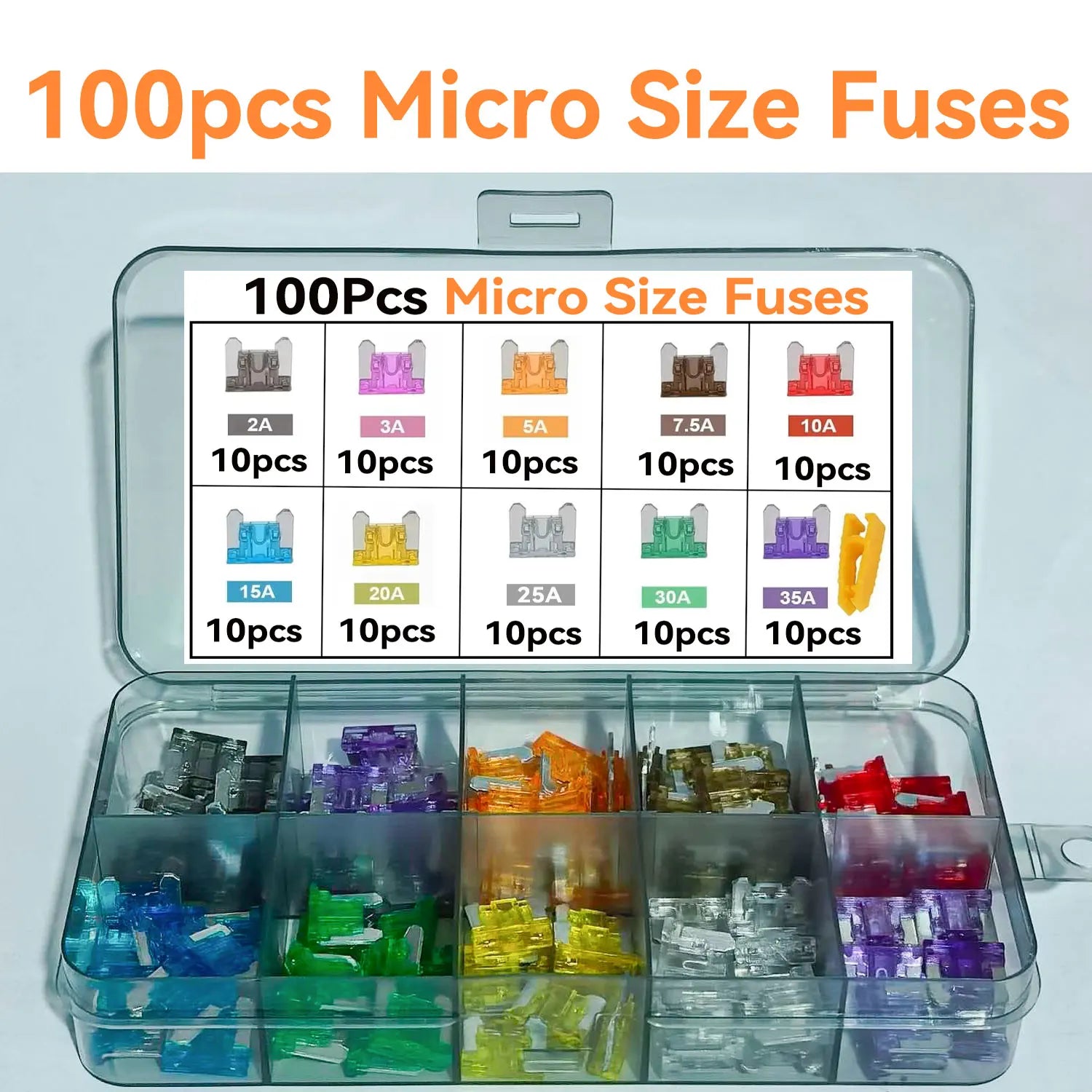 50pcs 100pcs Car Fuse Assortment Set 10 Sizes 2-35A Profile Medium Mini Micro Blade Type Fuses with Storage Box for Auto Truck