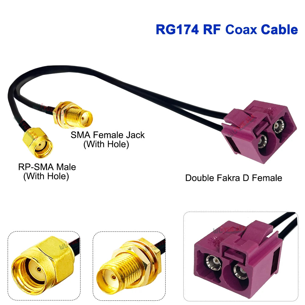 RG-174 Double Fakra D Female to SMA Male Pin + RP-SMA Female Hole 50 Ohm RF Connector Coaxial Cable WIFI Antenna Jumper Pigtail