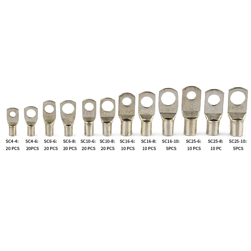 60/100/170pcs SC Bare Bolt Hole Tinned Copper Cable lugs Battery Terminal Wire Terminals Connector Suit SC10-6 SC16-8 SC25-8