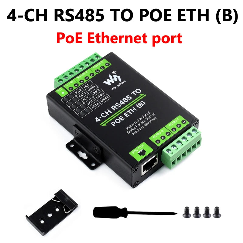Industrial Isolated 4CH RS485 TO POE ETH (B) RJ45 Converter UART For Modbus