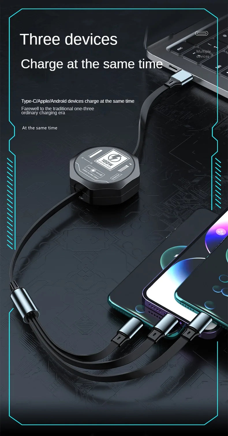3 In 1 Retractable USB 100W Cable Fast Charging And Data Micro USB Type C For iphone6-14 Android Phone Xiaomi Huawei OPPO