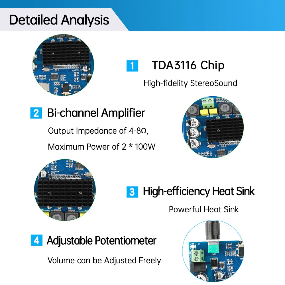 TPA3116 Bluetooth Amplifier Board BT5.0 Digital Dual-Channel 2*100W High Power Sound Audio Amplifier Module USB AUX Input