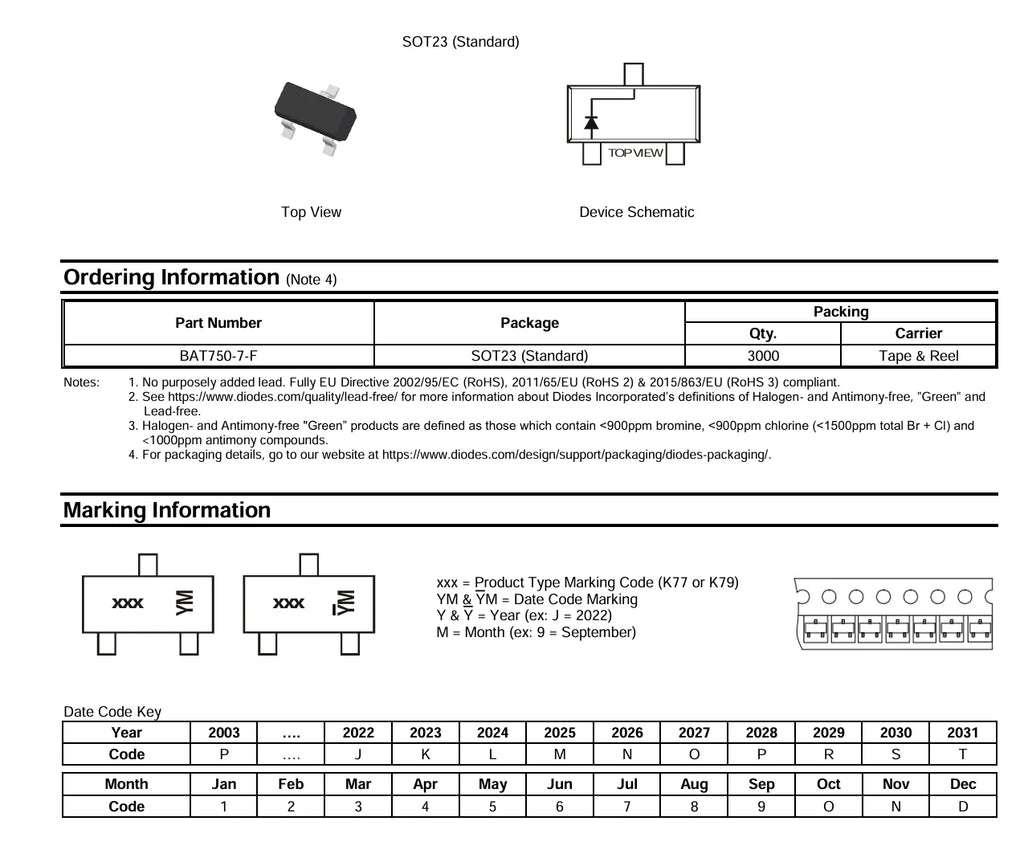 20PCS/50PCS/100PCS/1000PCS  BAT750  BAT750-7  BAT750-7-F  silk screen  K77   silk screen   K79   (DIODE SCHOTTKY 40V 750mA SOT23