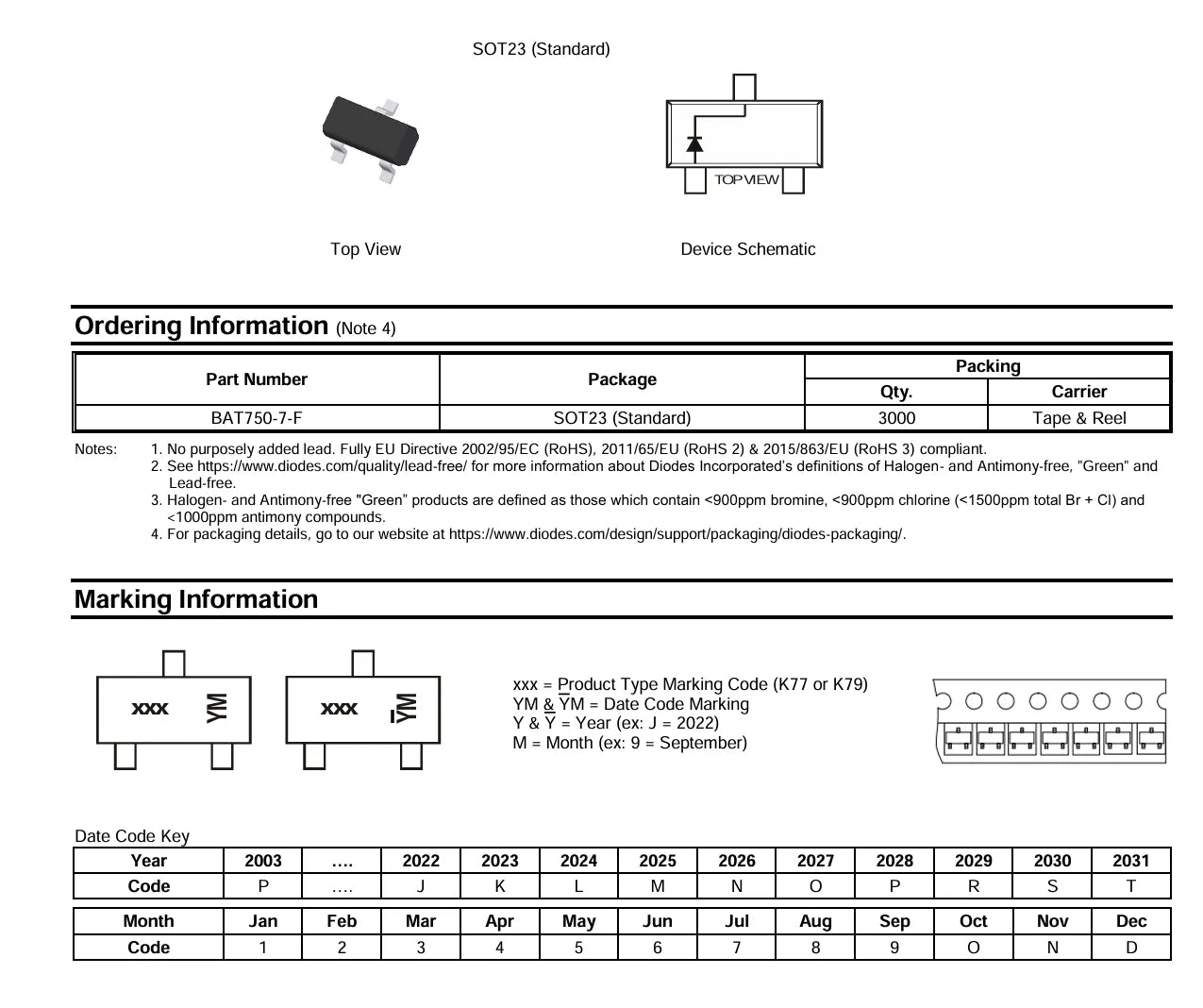 20PCS/50PCS/100PCS/1000PCS  BAT750  BAT750-7  BAT750-7-F  silk screen  K77   silk screen   K79   (DIODE SCHOTTKY 40V 750mA SOT23