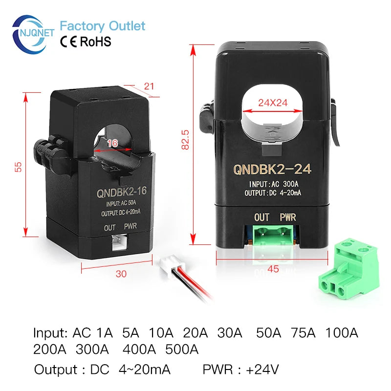 Split Core Current Transmitter QNDBK2-16 AC 10A 20A 50A 100A 4 20mA CT Clamp Hall Effect Current Transformer Sensor 4-20mA