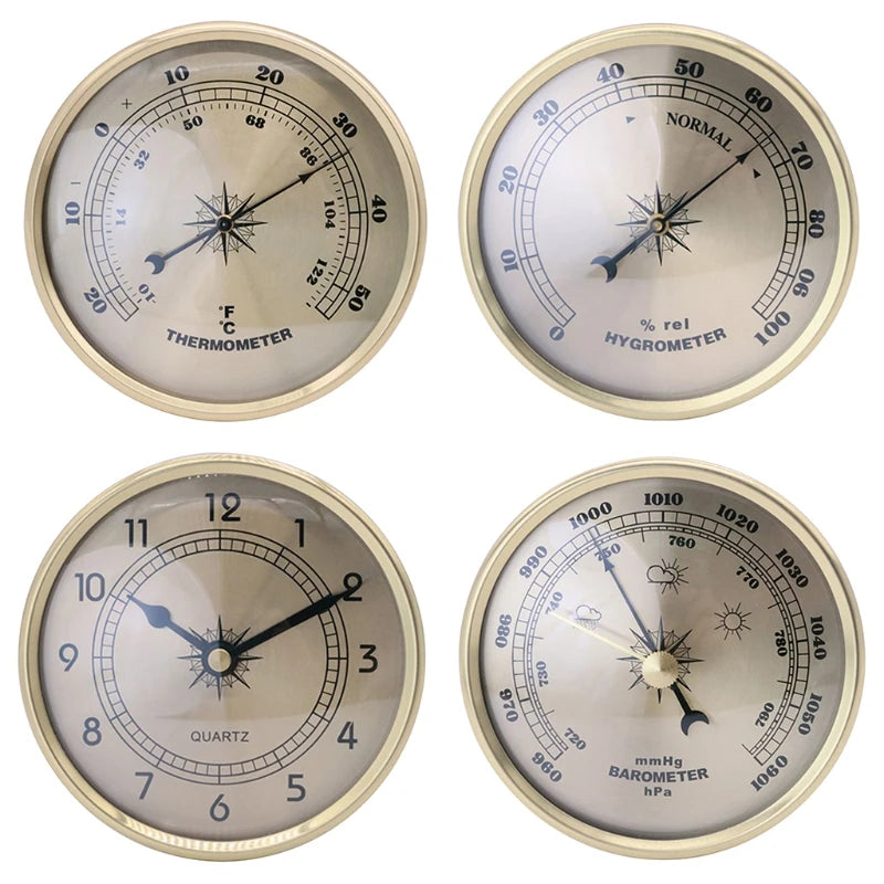 652F Diameter 90mm Gold Frame Wall Hanging Wireless Alarm Clock Barometer Thermometer Hygrometer for Indoor Outdoor