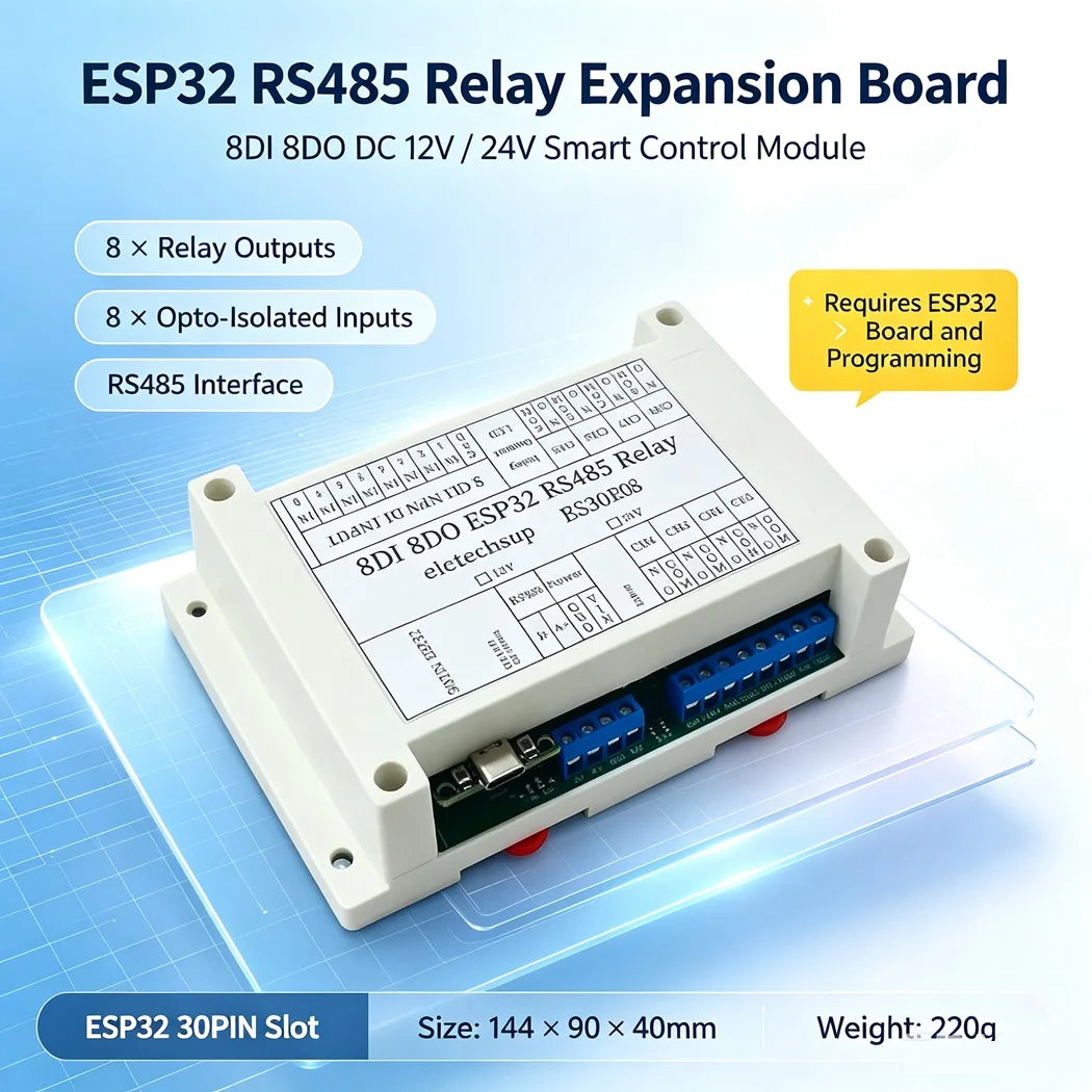 DC12V 24V ESP32 Expansion Board 8CH 10A Relay 8 Opto Isolated Input RS485 WIFI Remote Control PLC Motor LED Timer Switch