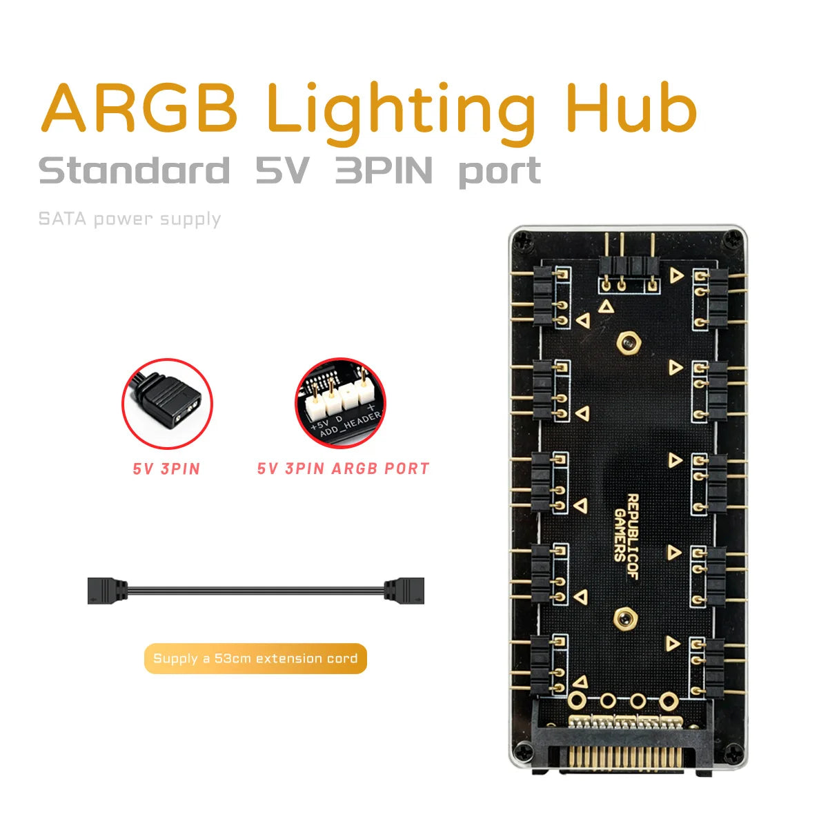 10 Port 5V 3PIN ARGB Fan Hub SATA Powered RGB Splitter for PC Case Addressable RGB Fan Light Strip
