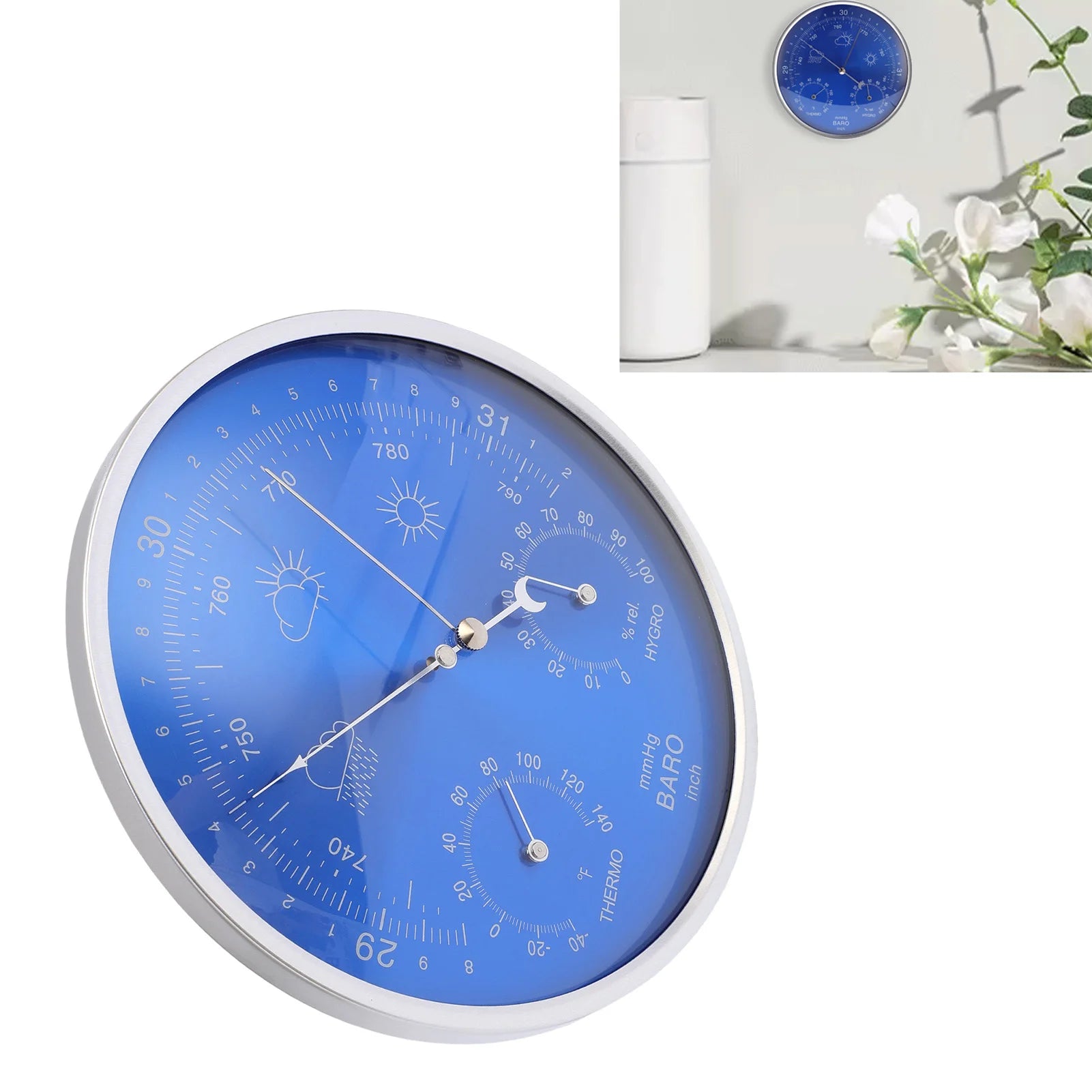 Thermometer Barometer Hygrometer 3 in 1 All Season Wall Hanging Indoor Outdoor Accurate Weather Instrument Blue 180mm