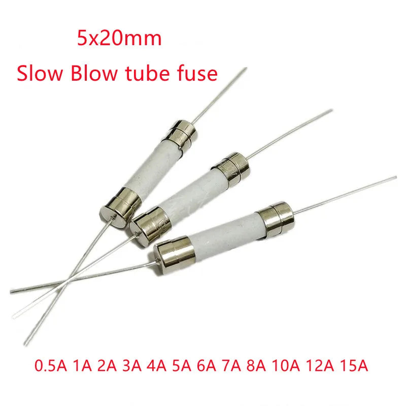 20PCS 5x20mm Ceramic Slow Blow Fuse with Pins, 250V Time Delay Tube Fuses 0.5A-15A for Power Supply