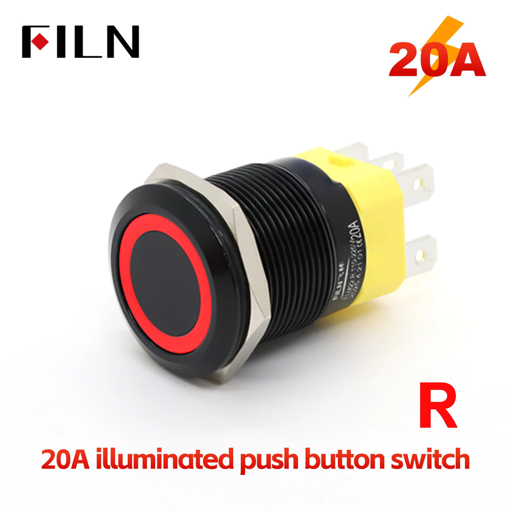 FILN 22mm 20A Stainless Steel Push Button Switch Waterproof IP66 High Current 12V/24V/110V/220V Auto Marine Industrial Control