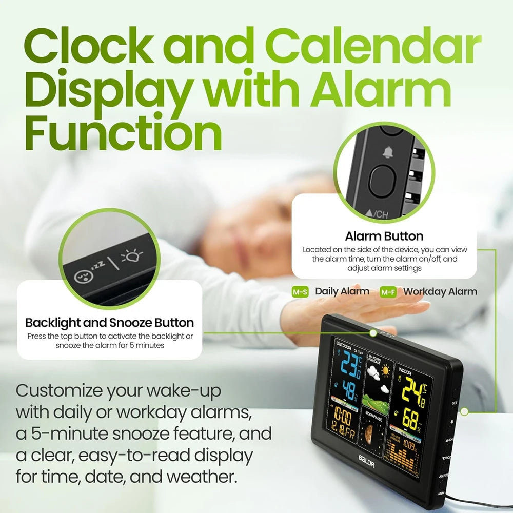 BALDR Wireless Digital Weather Station RCC Atomic Alarm Clock Calendar Temperature Humidity Moon Phase Barometer Forecast Sensor