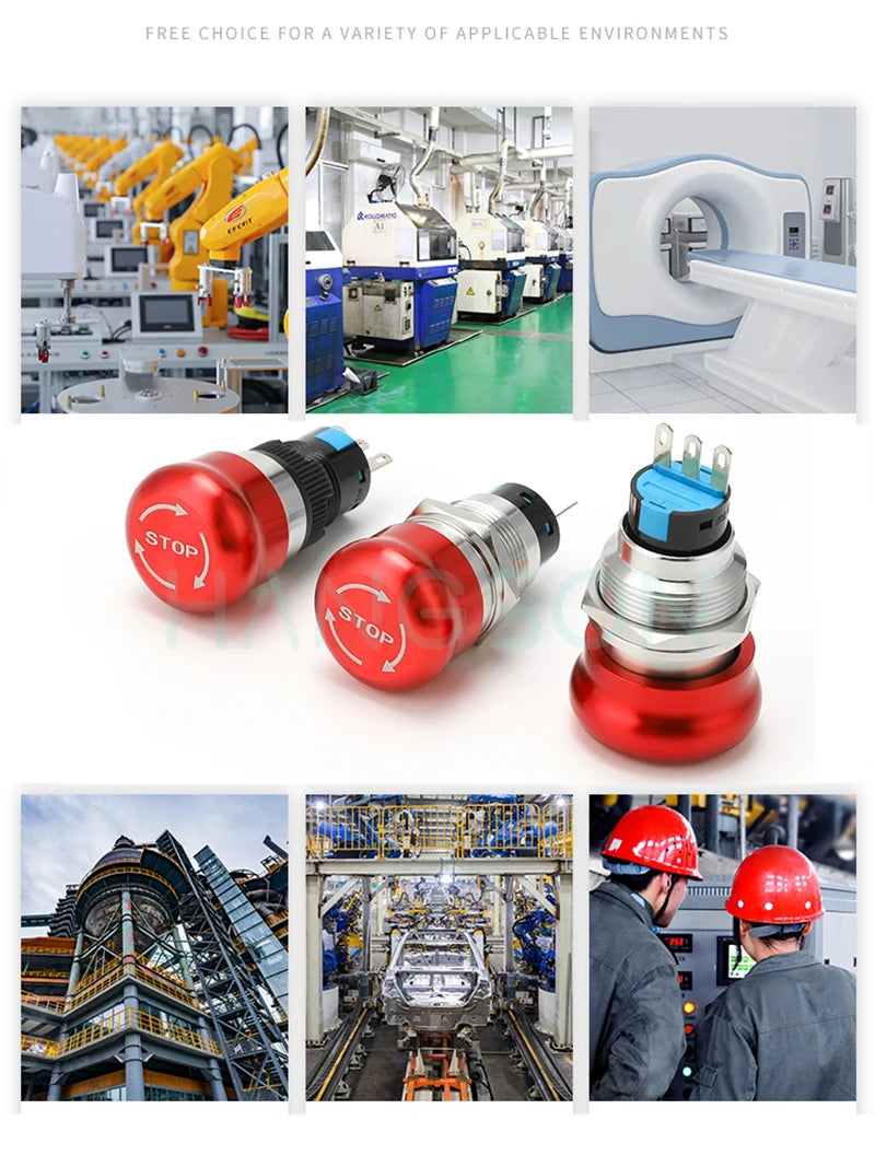 Metal Emergency Stop Push Button Switch Latching 12V-250V Stainless Steel Red Mushroom 16 19 22 25MM 1NO1NC Momentary