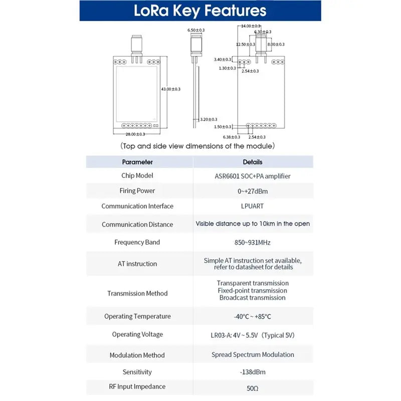 DX-LR03 868Mhz 915Mhz Lora Module 10KM Long Range Transmission Power 27Dbm AT Uart Serial Port ASR6601