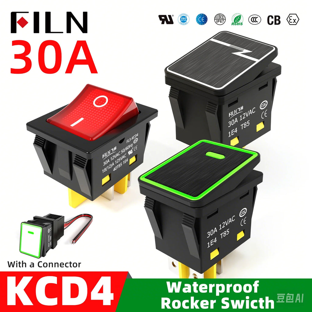 FILN 30A/220V Heavy Duty 4 Pin DPST IP67 Sealed Waterproof T85 Auto Boat Marine Toggle Rocker Switch with LED 12V 220V 30x22