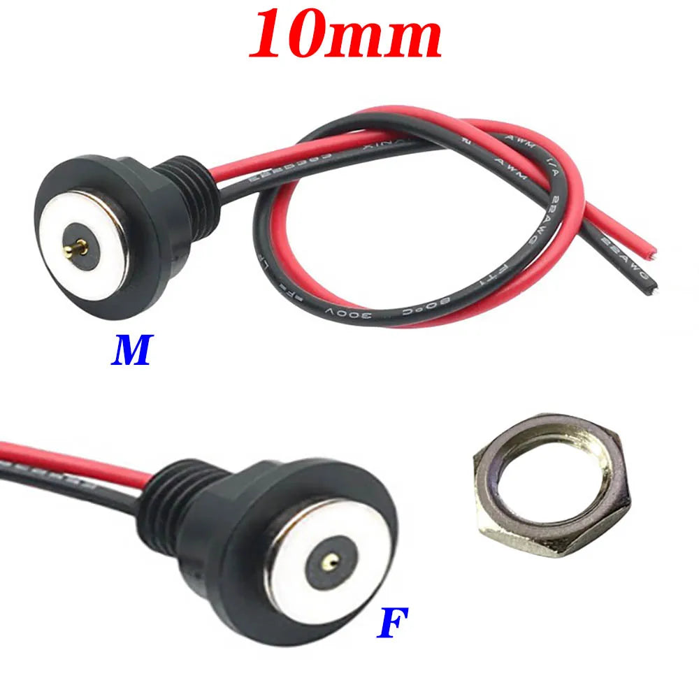 10mm 2A Magnetic Circular PogoPin Connector  Male Female Metal Spring Loaded 1 Pin DC Power Charger 22AWG Wire M12 Threaded