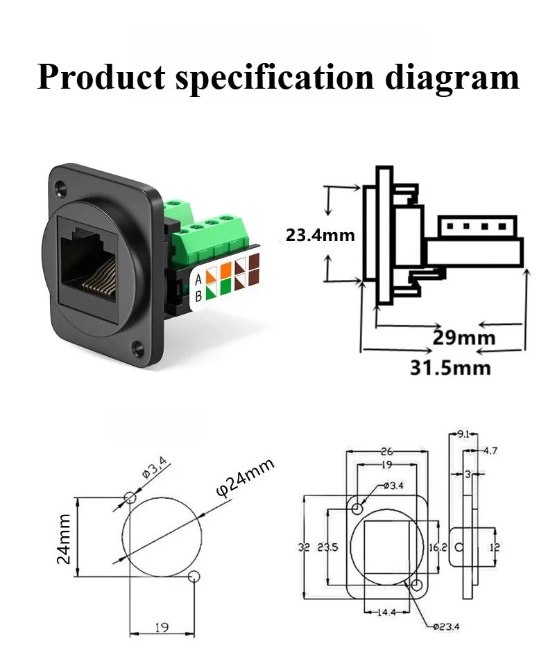RJ45 Network Cable Panel Socket CAT7 CAT6 CAT5E RJ45 Solderless Network Module Connector Metal Shielded Network Cable Extender