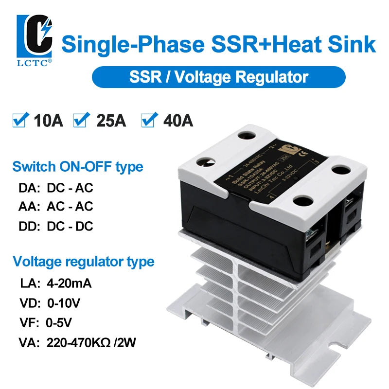 LCTC SSR 0-10V 4-20MA 0-5V Power Voltage Regulator Relay 10A 25A 40A DA AA DD VA Single Phase Solid State Relay With Heat Sink