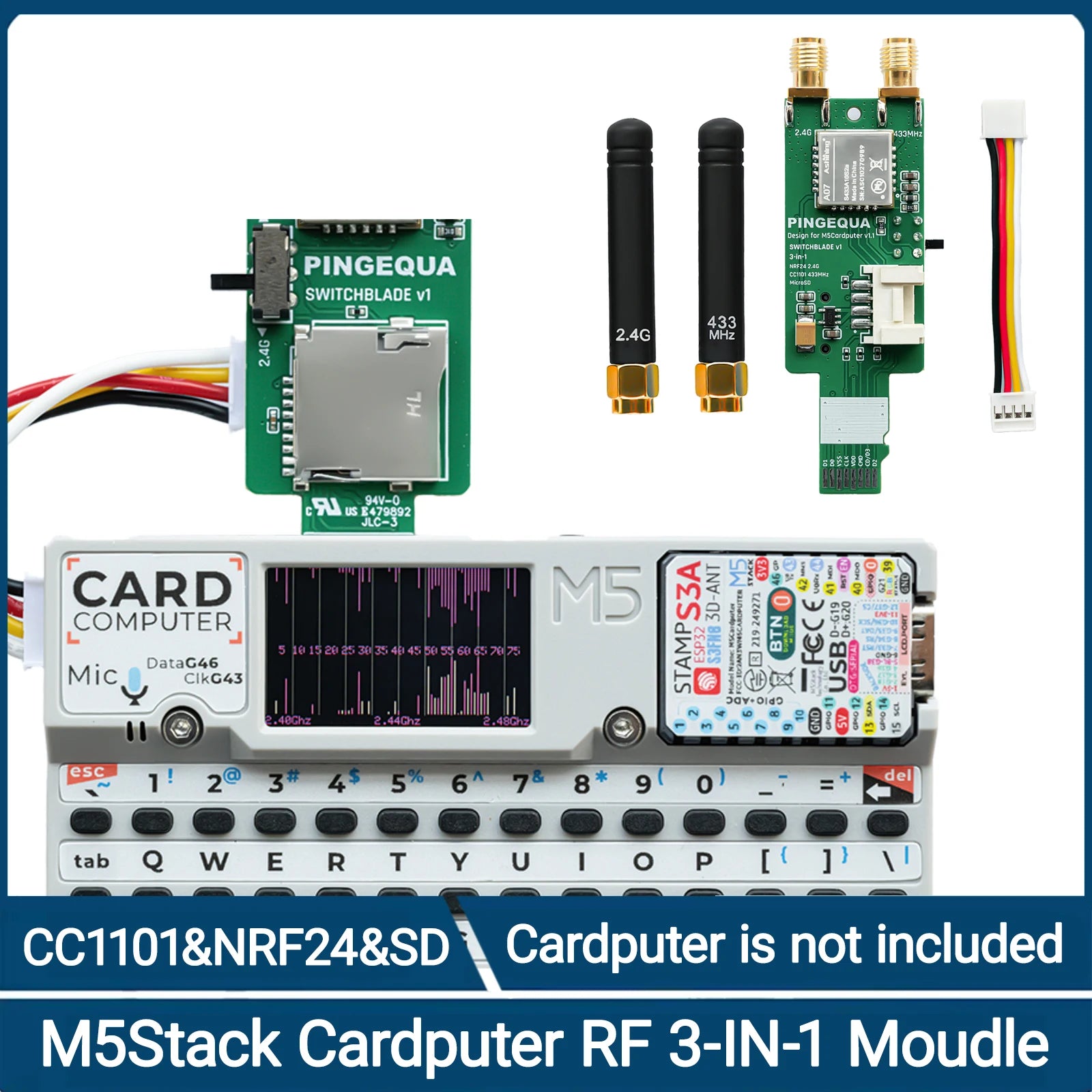 PINGEQUA M5Stack Cardputer RF 3-in-1 Board, NRF24L01+ PA/LNA & CC1101 Sub-GHz Transceiver with MicroSD Slot - Plug & Play