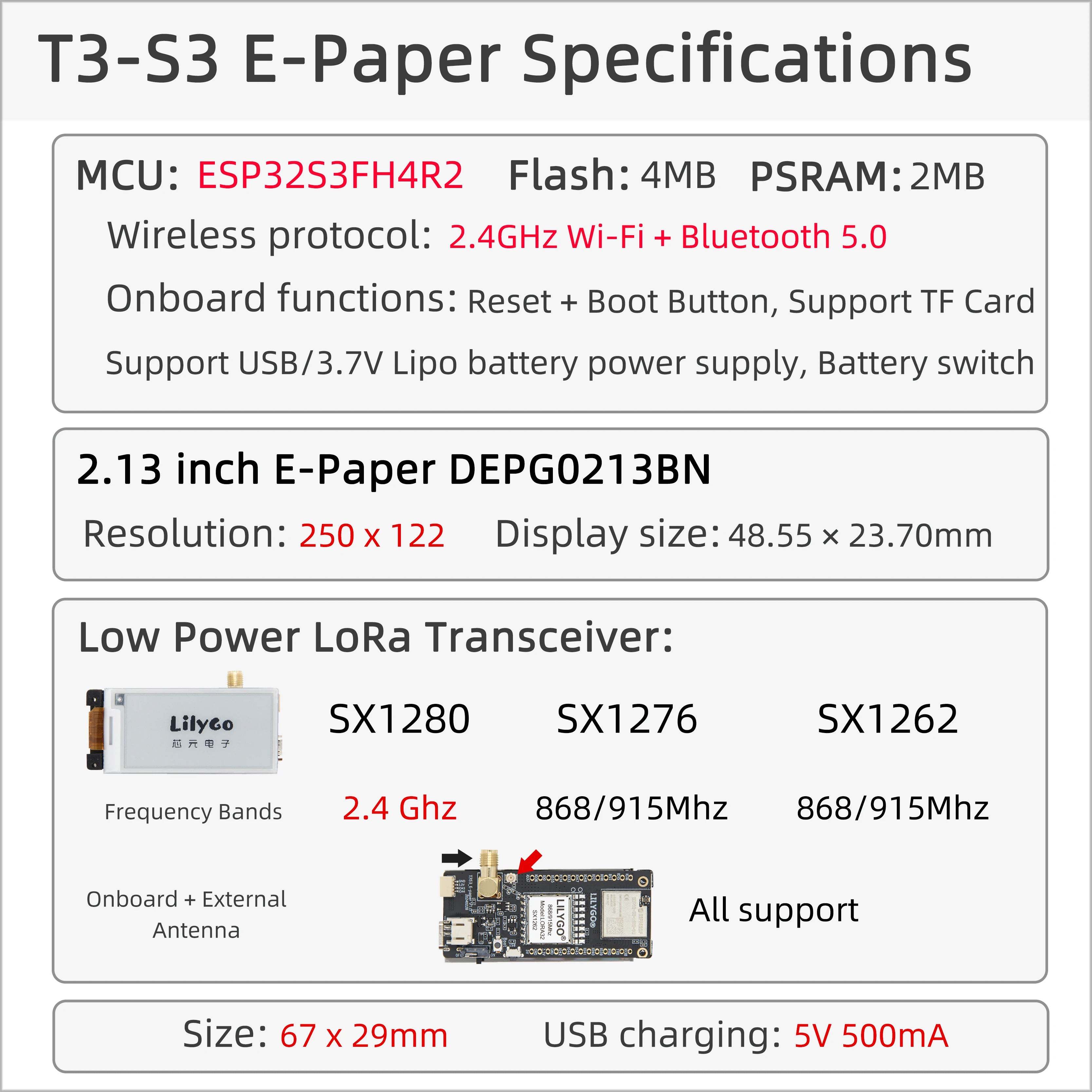T3S3 2.13 Inch E-Paper ESP32-S3 Module Development Board with LoRa 2.4G SX1280 for Programmable Communication And Networking