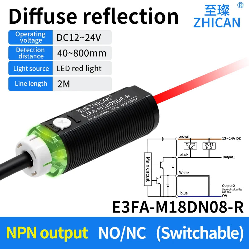 ZHICAN E3FA M18 Cylindrical Photoelectric Sensor Long Range Diffuse Reflective Through Beam Retro Reflective NPN PNP