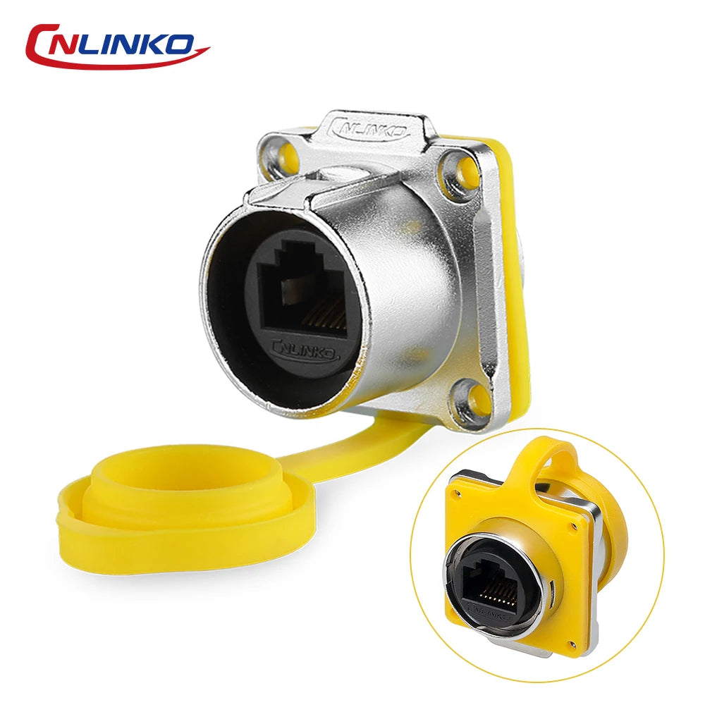 CNLINKO M24 Waterproof IP68 RJ45 Female Panel Mount Connector Cat6 8P8C Zinc Alloy with Protective Cap for Industrial Ethernet