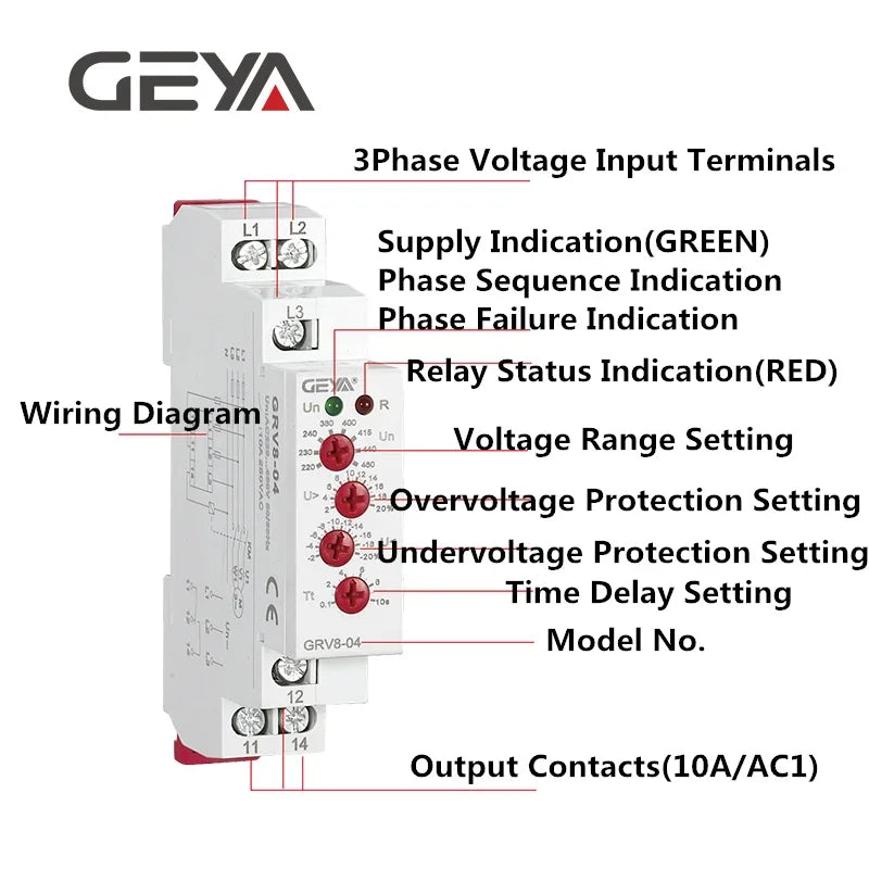 GEYA GRV8-04 3 Phase Voltage Monitoring Relay with Phase Protection Delay Time Overvoltage and Undervoltage Relay Din Rail