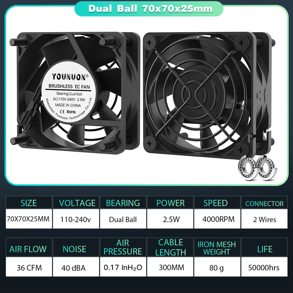 YOUNUON 60mm 80mm 90mm 120mm EC Brushless Fan AC 110V 115V 120V 220V 240V Axial Fan with Srews/Grill 6025 8025 9225 12025 12038