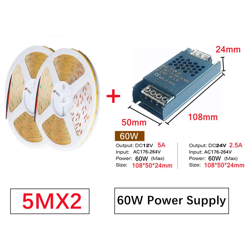 12V 24V COB LED Strip Linear Tape Light Ultra Thin with Power Transformer 2Pin Wire for Home Cabinet Engineering Decor 1 Set