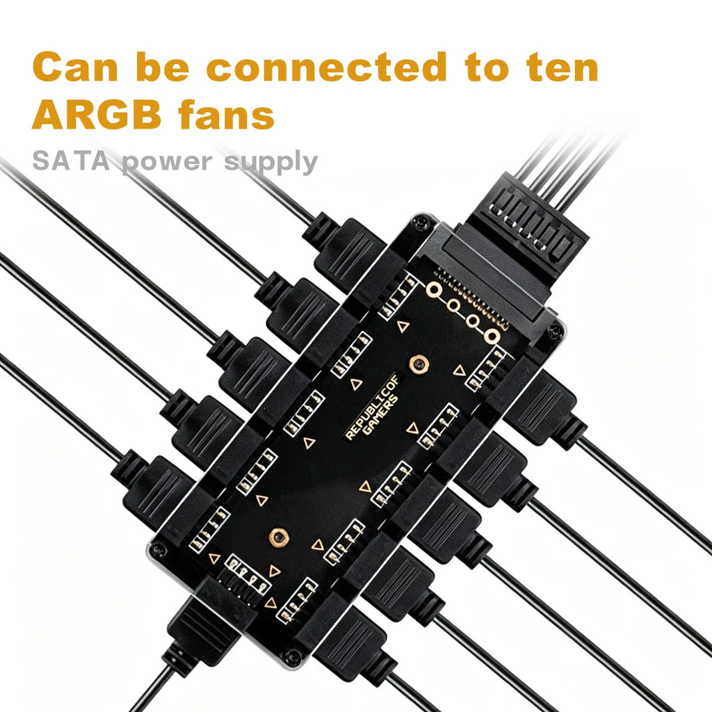 10 Port 5V 3PIN ARGB Fan Hub SATA Powered RGB Splitter for PC Case Addressable RGB Fan Light Strip